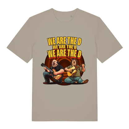 Beige We Are The D women’s funny graphic t-shirt with Tenacious D inspired design  
