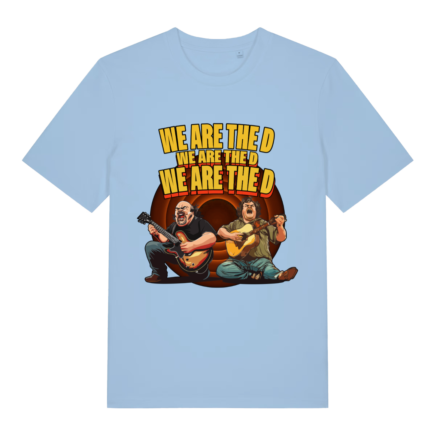 Light blue We Are The D women’s funny graphic t-shirt showing classic Tenacious D design  