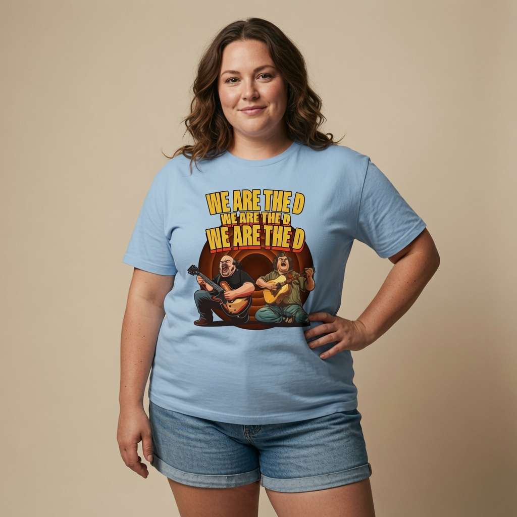 Woman standing with one hand on her hip in a light blue We Are The D t-shirt, unique artwork music-inspired design full of pure attitude