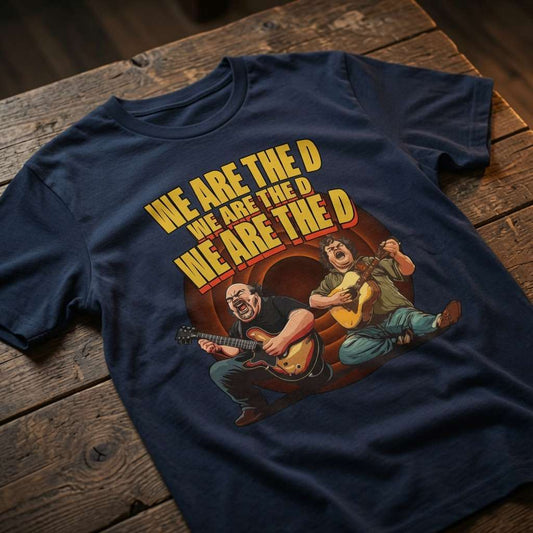 Navy We Are The D t-shirt laid flat on a wooden surface showing the full Tenacious D parody graphic, funny unique music-inspired design that every no-nonsense lady will claim
