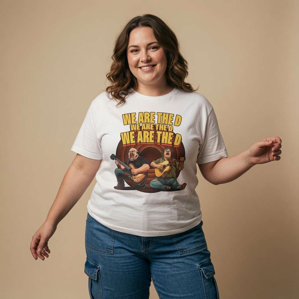 Woman smiling with both arms slightly out while wearing a white We Are The D t-shirt featuring Jack Black and Kyle Gass parody graphic, ladies graphic music-inspired design