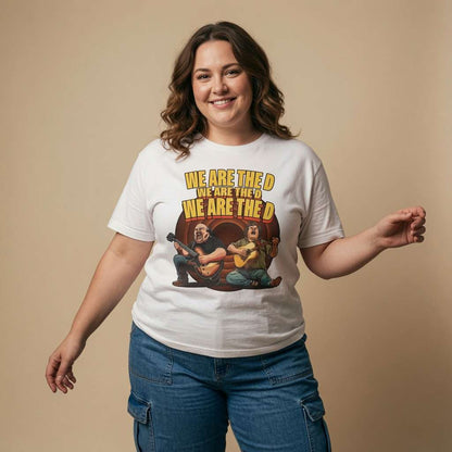 Woman smiling with both arms slightly out while wearing a white We Are The D t-shirt featuring Jack Black and Kyle Gass parody graphic, ladies graphic music-inspired design