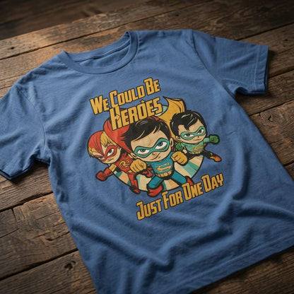 Blue We Could Be Heroes Just for One Day t-shirt laid flat on a wooden surface featuring three cartoon superheroes, mens music-inspired hero design