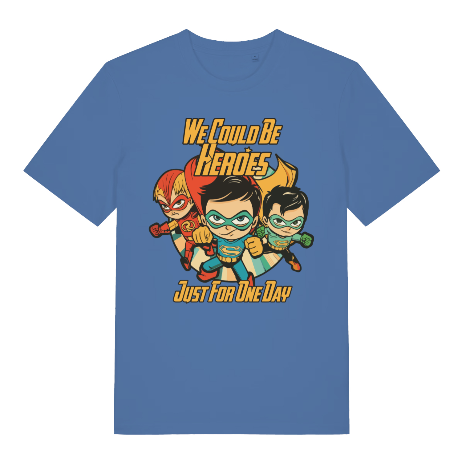 Blue We Could Be Heroes men’s funny graphic t-shirt with cartoon superhero design  