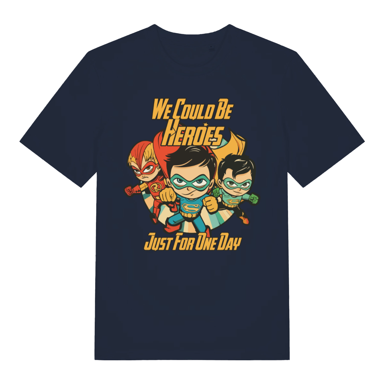 Navy We Could Be Heroes men’s funny graphic t-shirt showing classic superhero trio design  