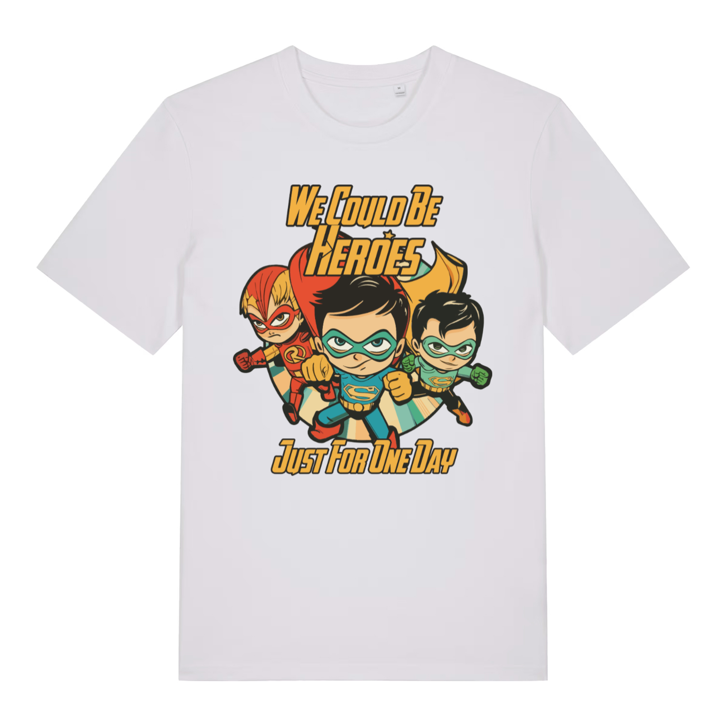 White We Could Be Heroes men’s funny graphic t-shirt with witty Bowie inspired print  
