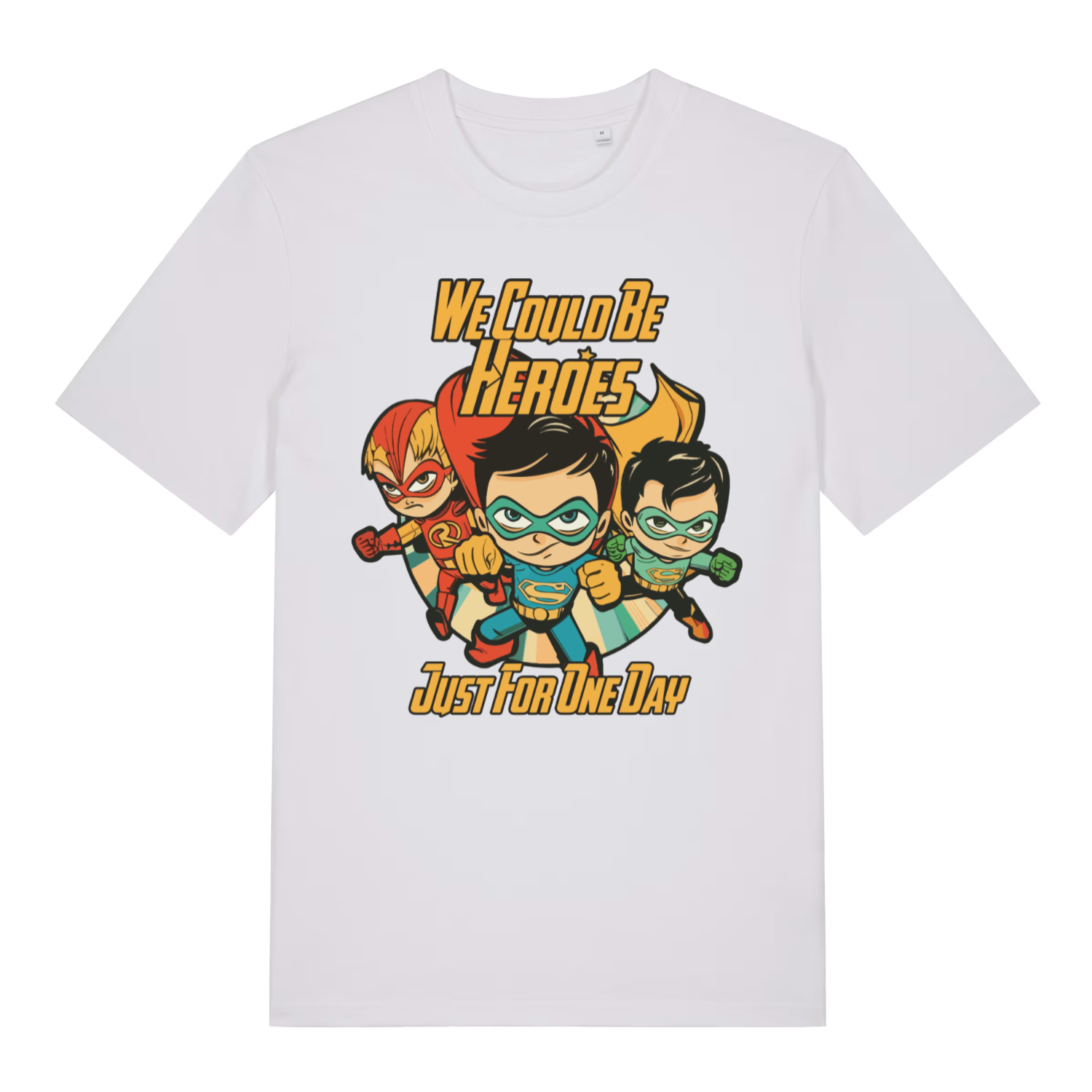 White We Could Be Heroes men’s funny graphic t-shirt with witty Bowie inspired print  