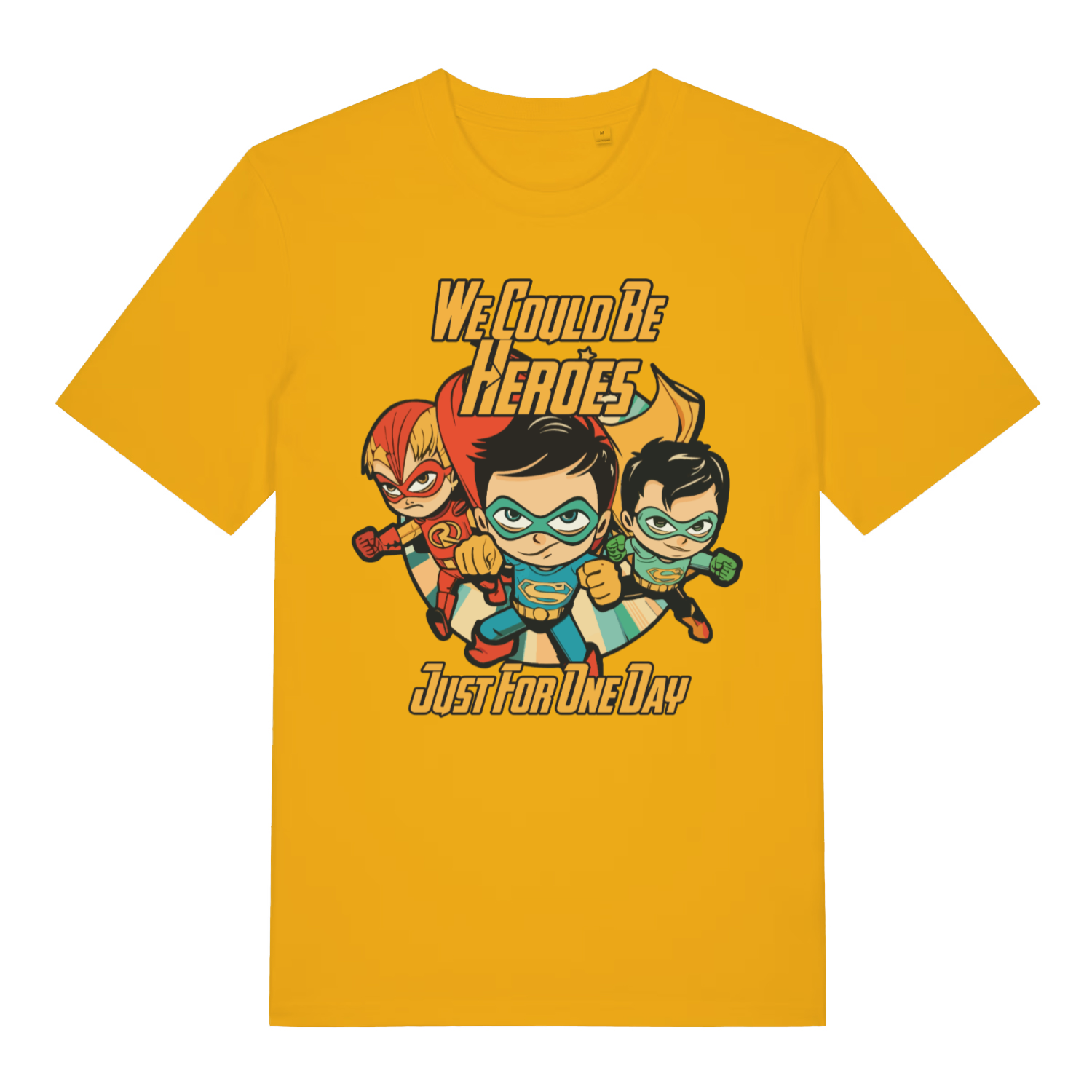 Yellow We Could Be Heroes men’s funny graphic t-shirt featuring ultimate hero cartoon design  