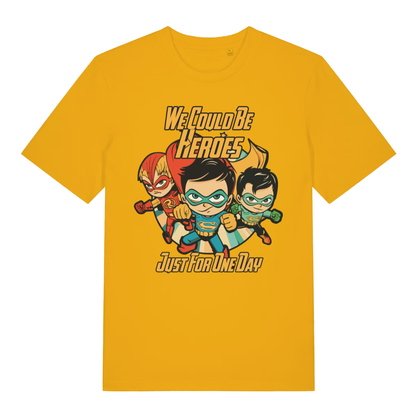 Yellow We Could Be Heroes men’s funny graphic t-shirt featuring ultimate hero cartoon design  