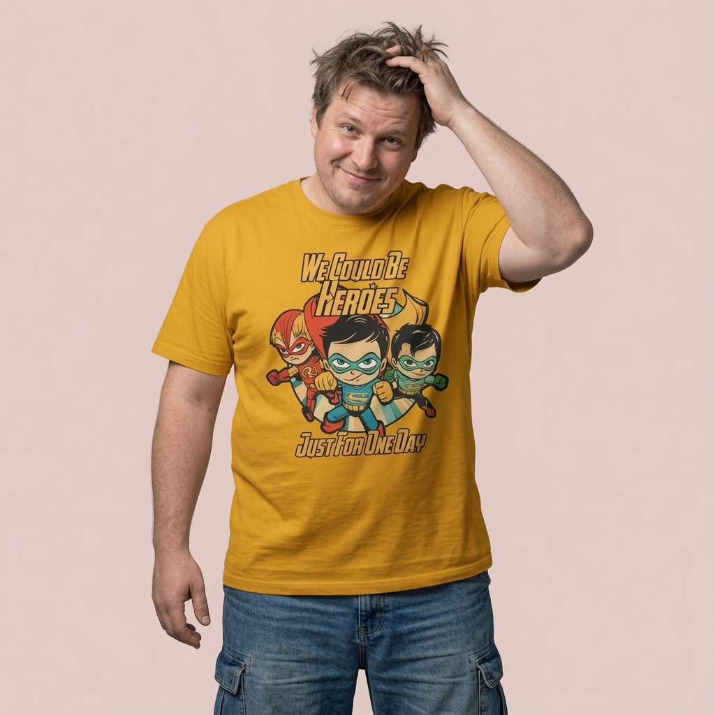 Man with one hand in his hair while wearing a yellow We Could Be Heroes Just for One Day t-shirt, mens cartoon graphic design full of pure attitude