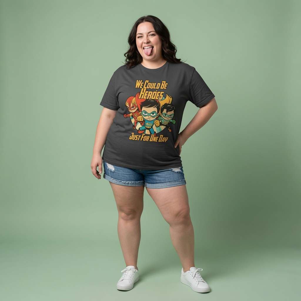 Woman sticking her tongue out with one hand on her hip in a dark grey We Could Be Heroes Just for One Day t-shirt, legendary music-inspired ladies design full of pure attitude