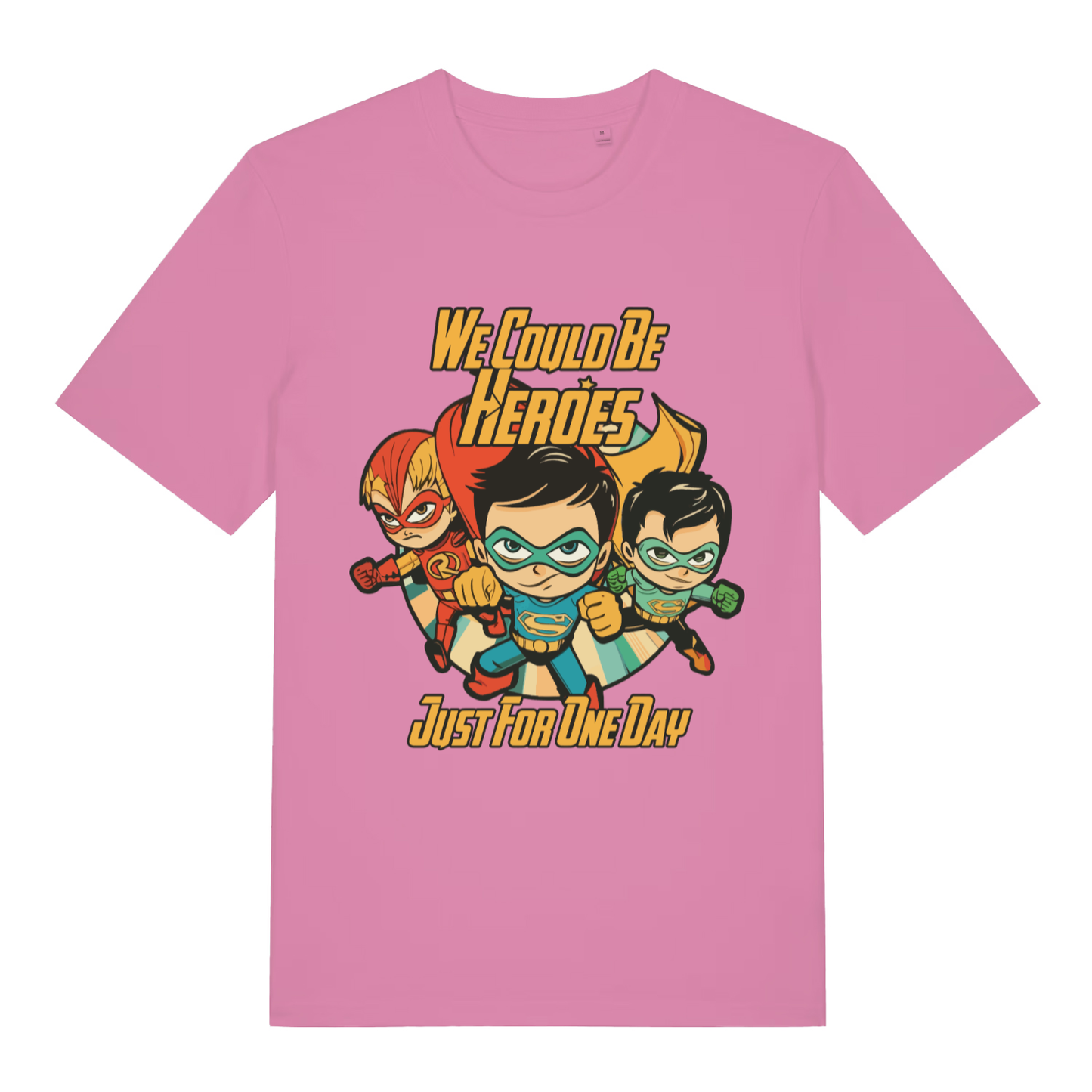 Pink We Could Be Heroes women’s funny graphic t-shirt featuring witty music inspired print  