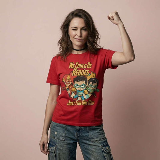 Woman flexing one arm and winking while wearing a red We Could Be Heroes Just for One Day t-shirt featuring three cartoon superheroes, original super hero ladies graphic design