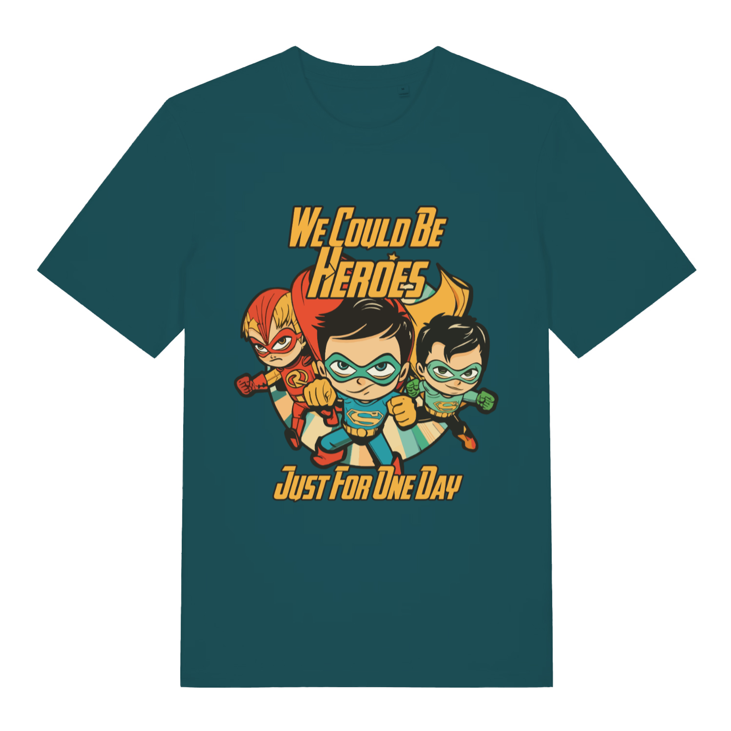 Teal We Could Be Heroes women’s funny graphic t-shirt showing classic superhero trio design  