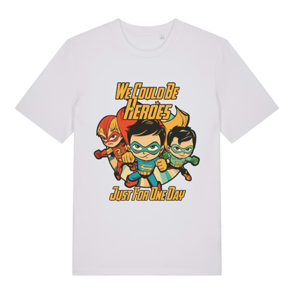 White We Could Be Heroes women’s funny graphic t-shirt with witty Bowie inspired print  