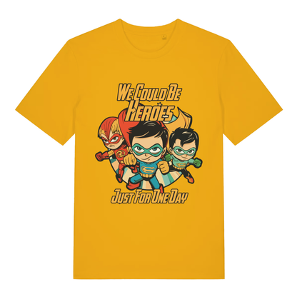 Yellow We Could Be Heroes women’s funny graphic t-shirt featuring ultimate hero cartoon design  