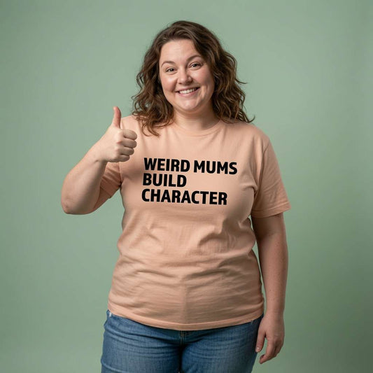 Woman smiling and giving a thumbs-up in a peach Weird Mums Build Character t-shirt, funny mother statement ladies shirt that every no-nonsense lady will claim