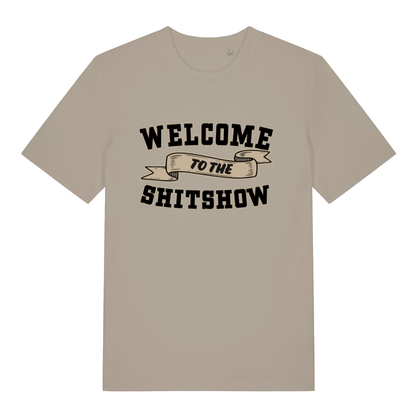 Beige Welcome To The Shitshow men’s funny slogan t-shirt featuring witty banner print  