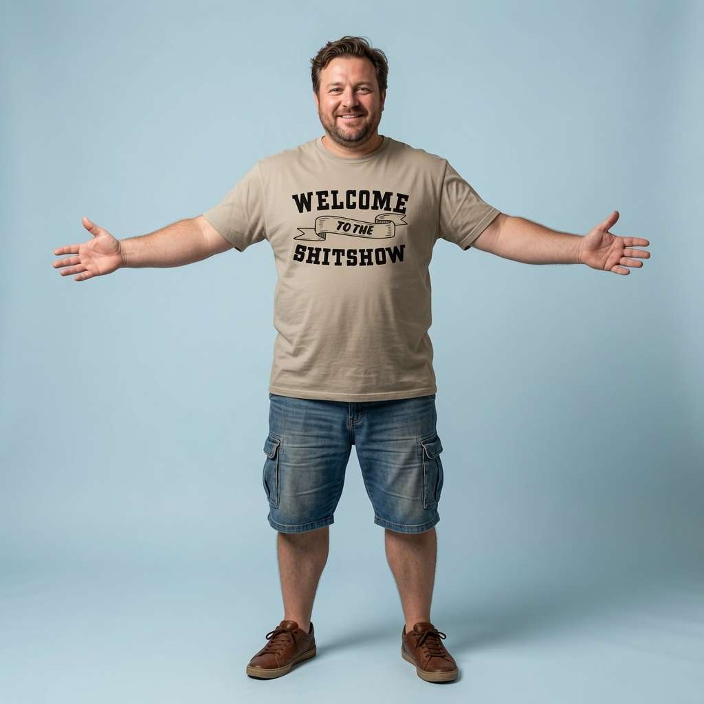 Man standing with both arms outstretched while wearing a beige Welcome to the Shitshow t-shirt, funny offensive mens statement design