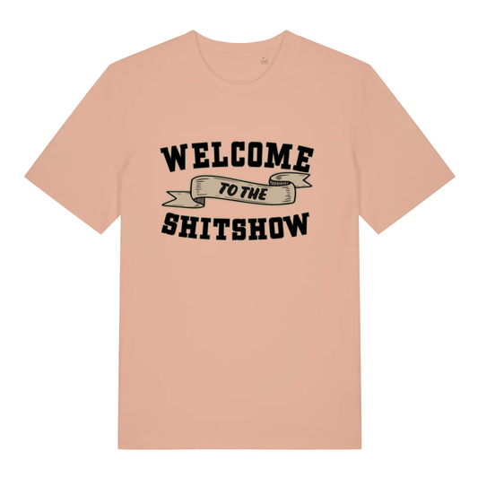 Peach Welcome To The Shitshow men’s funny slogan t-shirt with classic shitshow statement  
