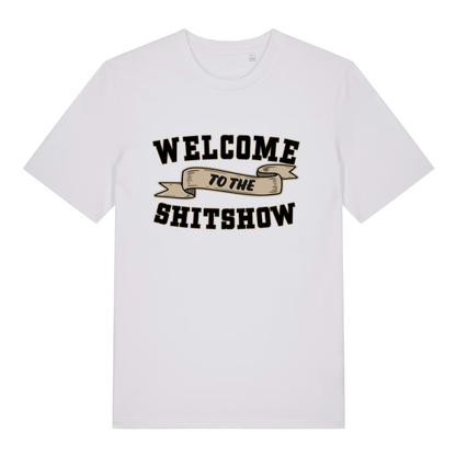 White Welcome To The Shitshow men’s funny slogan t-shirt with witty familiar statement print  