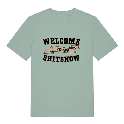 Aloe Welcome To The Shitshow women’s funny slogan t-shirt with bold black text design  