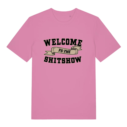 Pink Welcome To The Shitshow women’s funny slogan t-shirt showing relatable rude design  
