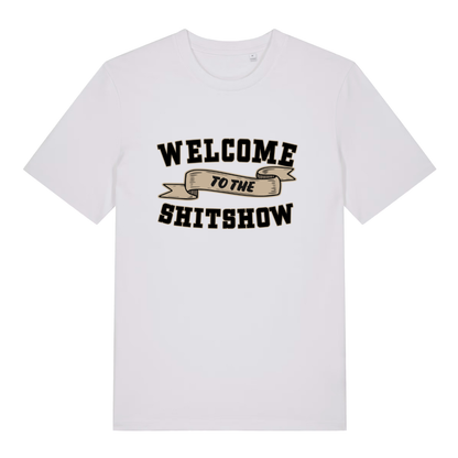 White Welcome To The Shitshow women’s funny slogan t-shirt featuring ultimate shitshow design  