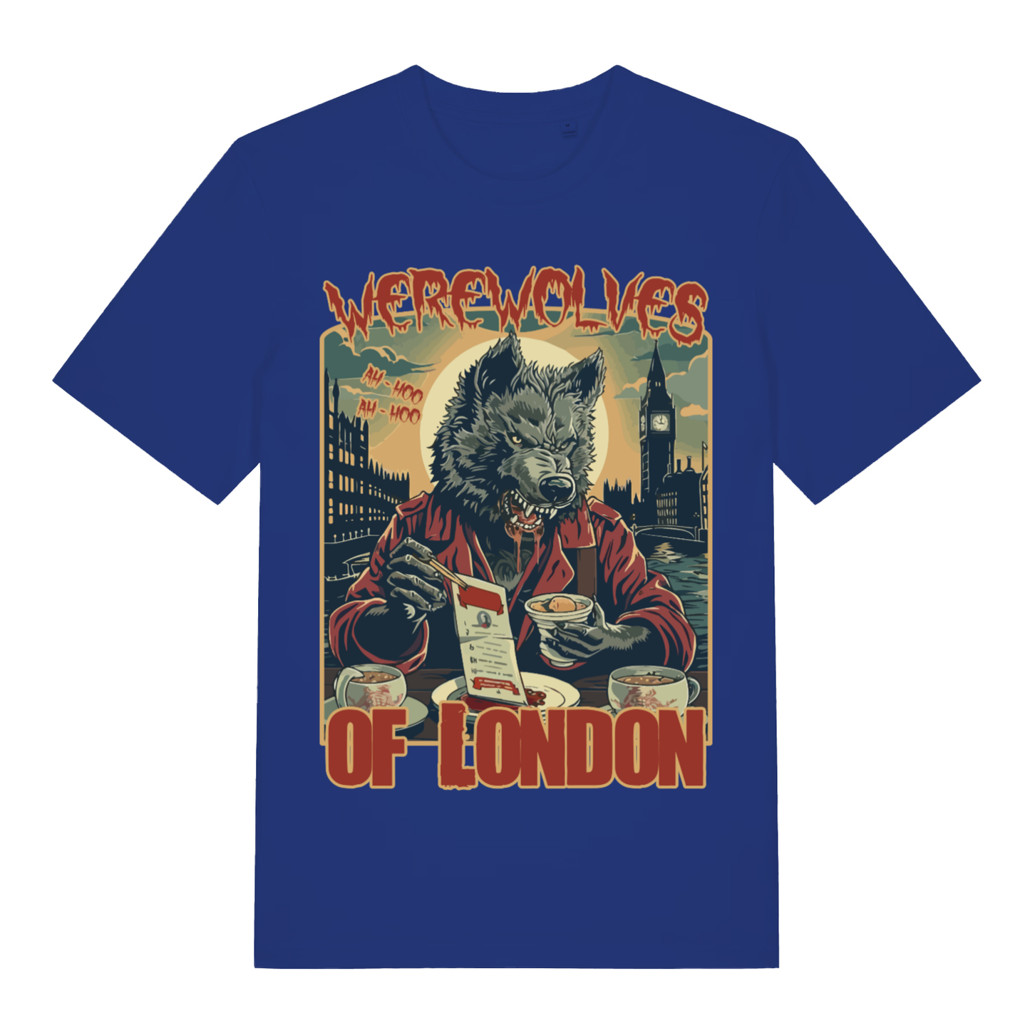 Blue Werewolves Of London men’s funny graphic t-shirt with bold ah-hoo horror design  