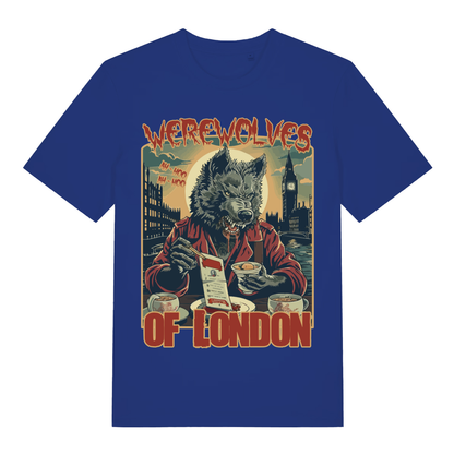 Blue Werewolves Of London men’s funny graphic t-shirt with bold ah-hoo horror design  