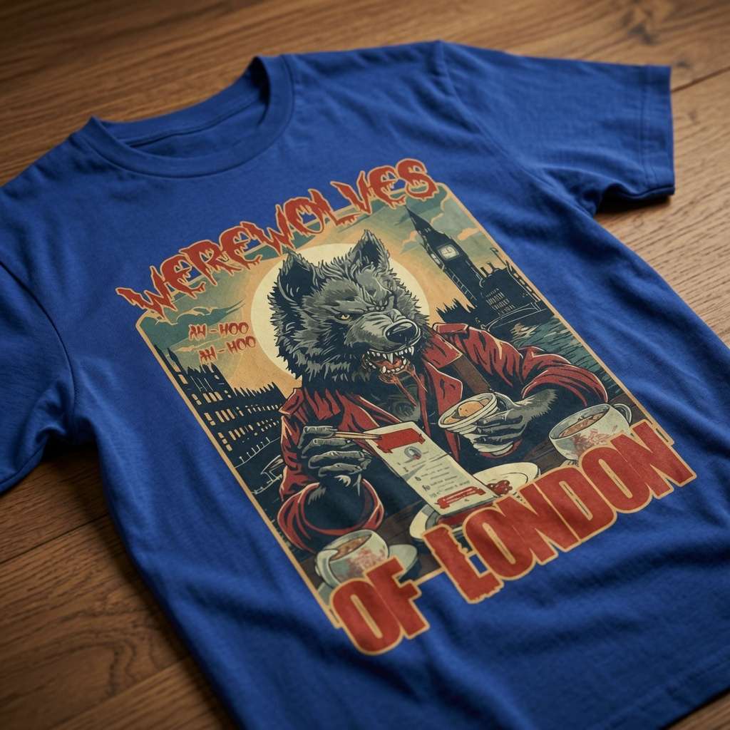 Blue Werewolves of London t-shirt laid flat on a wooden surface showing the full werewolf cafe graphic with Big Ben, graphic design that every cheeky lad will claim