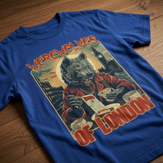 Blue Werewolves of London t-shirt laid flat on a wooden surface showing the full werewolf cafe graphic with Big Ben, graphic design that every cheeky lad will claim