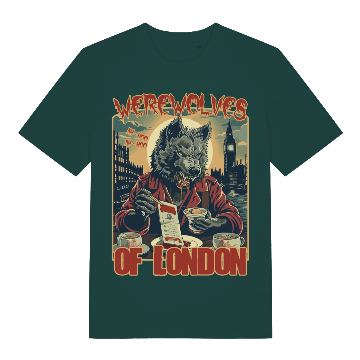 Glazed green Werewolves Of London men’s funny graphic t-shirt showing classic song inspired art  