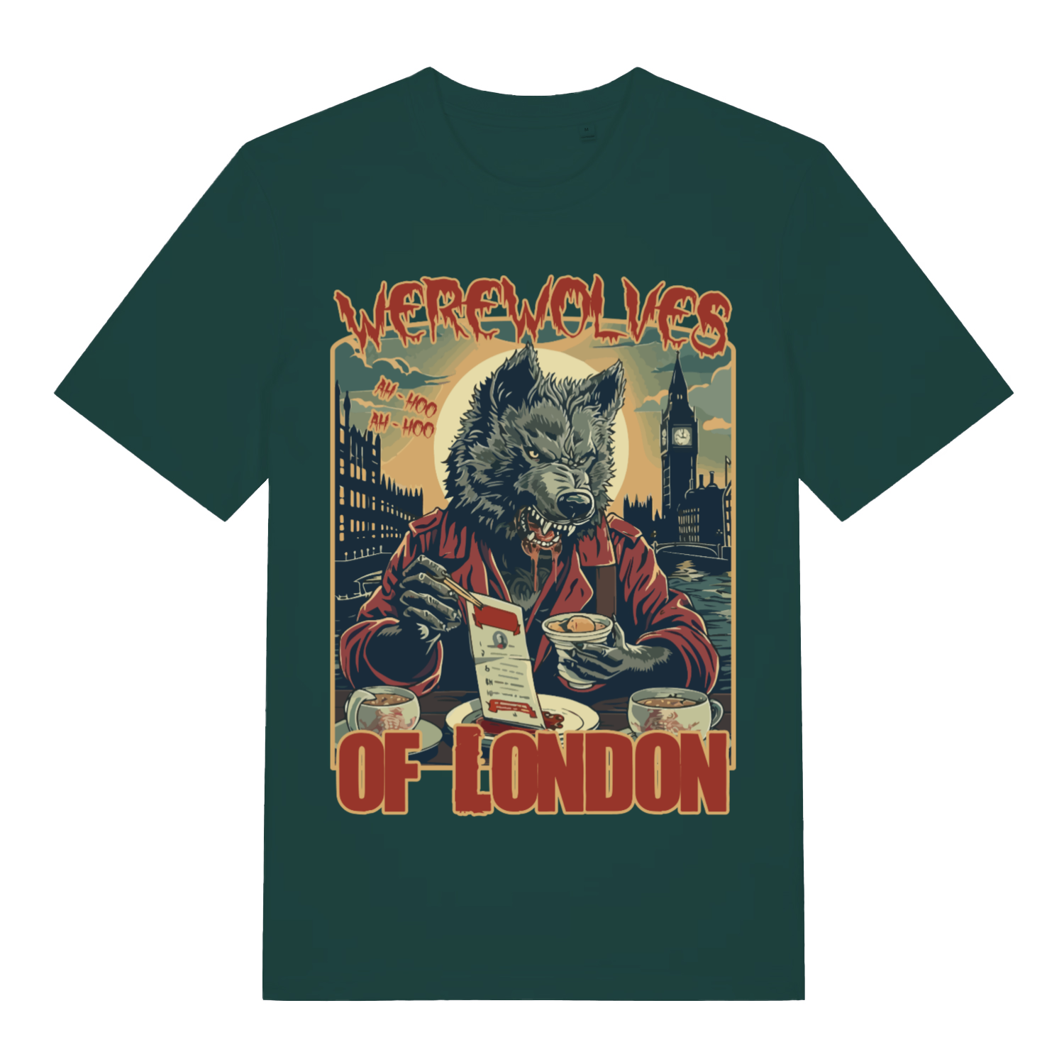 Glazed green Werewolves Of London men’s funny graphic t-shirt showing classic song inspired art  