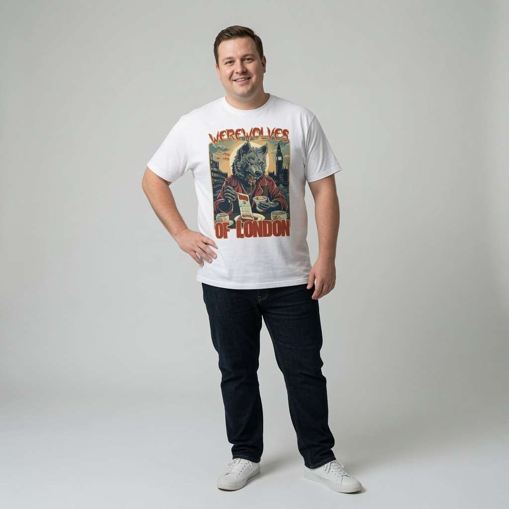 Man standing with one hand on his hip while wearing a white Werewolves of London t-shirt featuring a werewolf at a cafe table, music graphic design