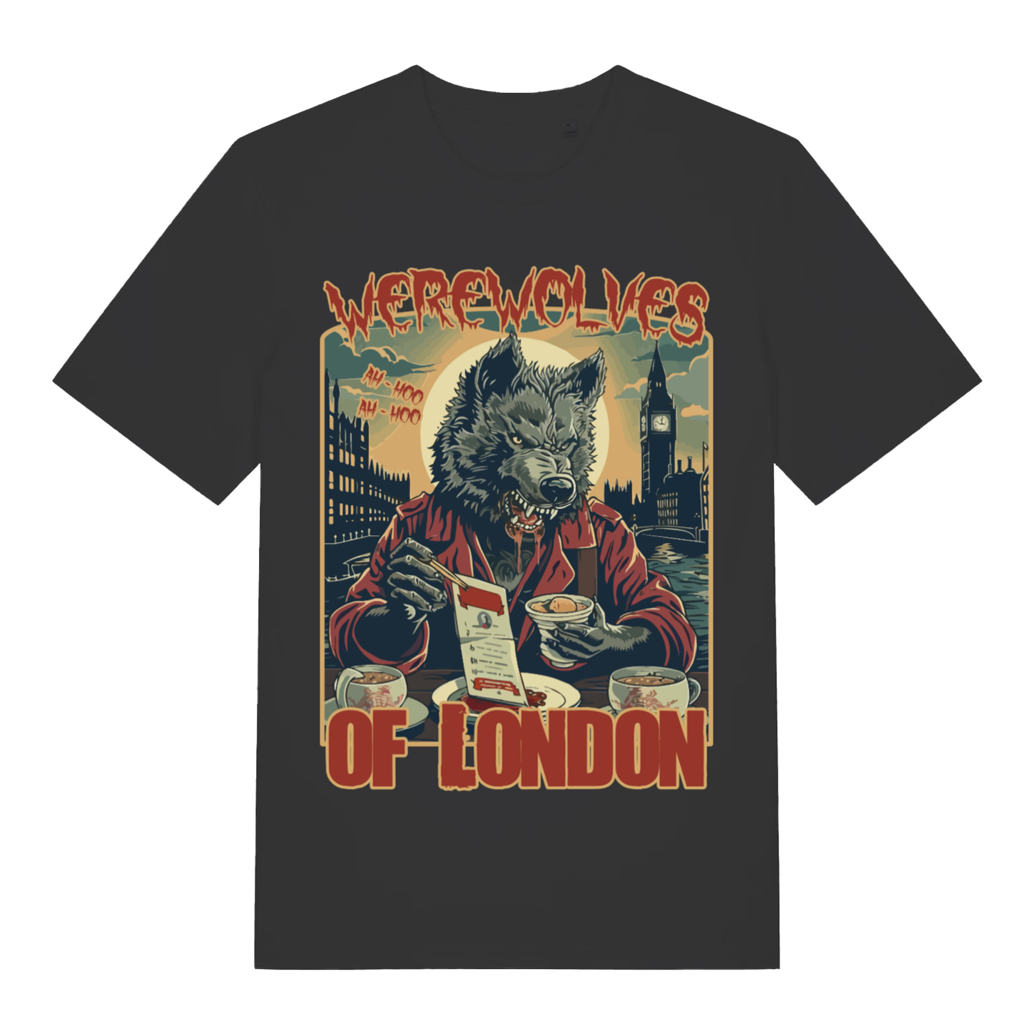 Black Werewolves Of London men’s funny graphic t-shirt with detailed horror music design  