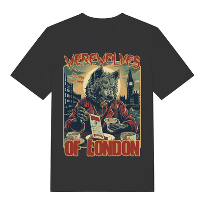 Black Werewolves Of London men’s funny graphic t-shirt with detailed horror music design  