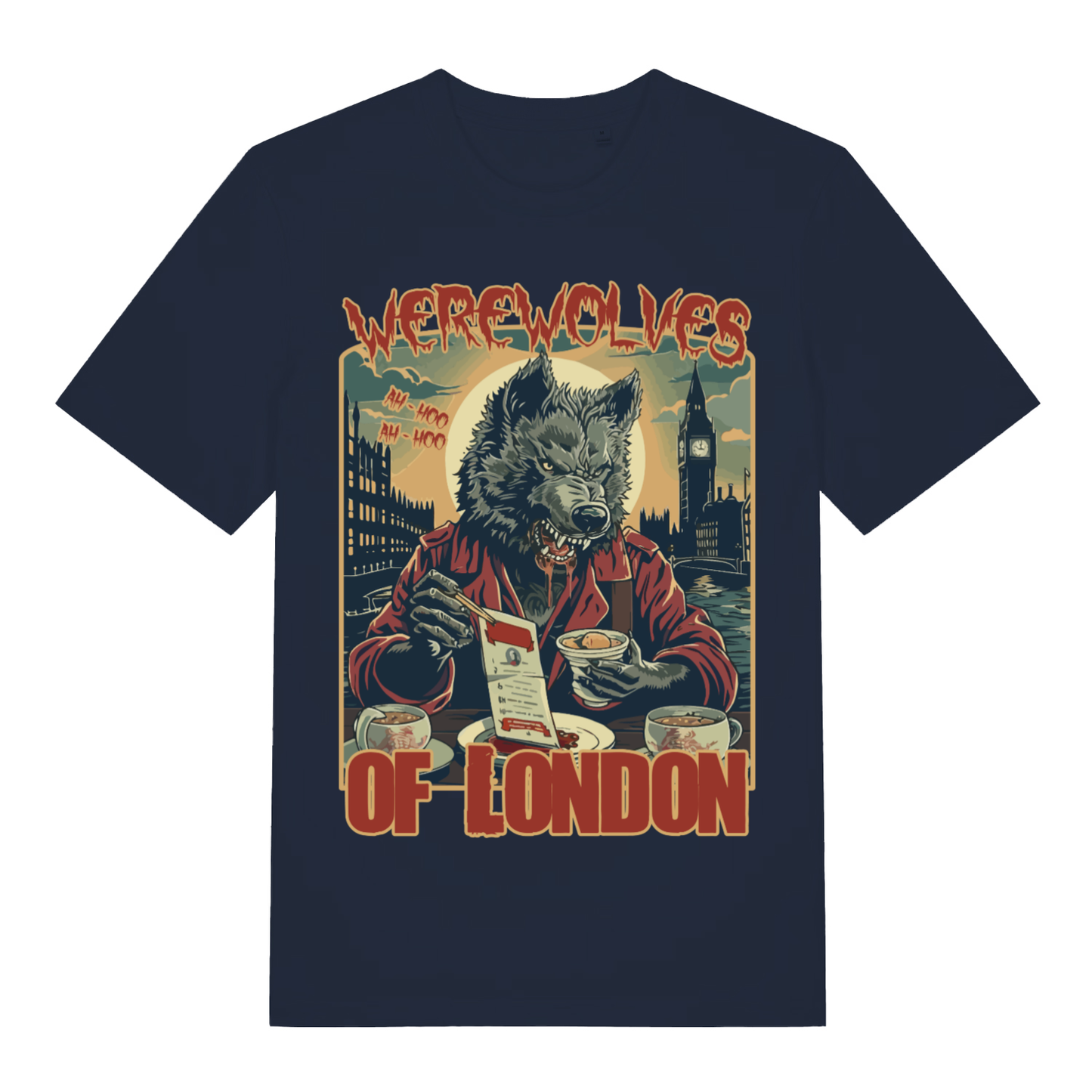 Navy Werewolves Of London men’s funny graphic t-shirt featuring witty London werewolf print  
