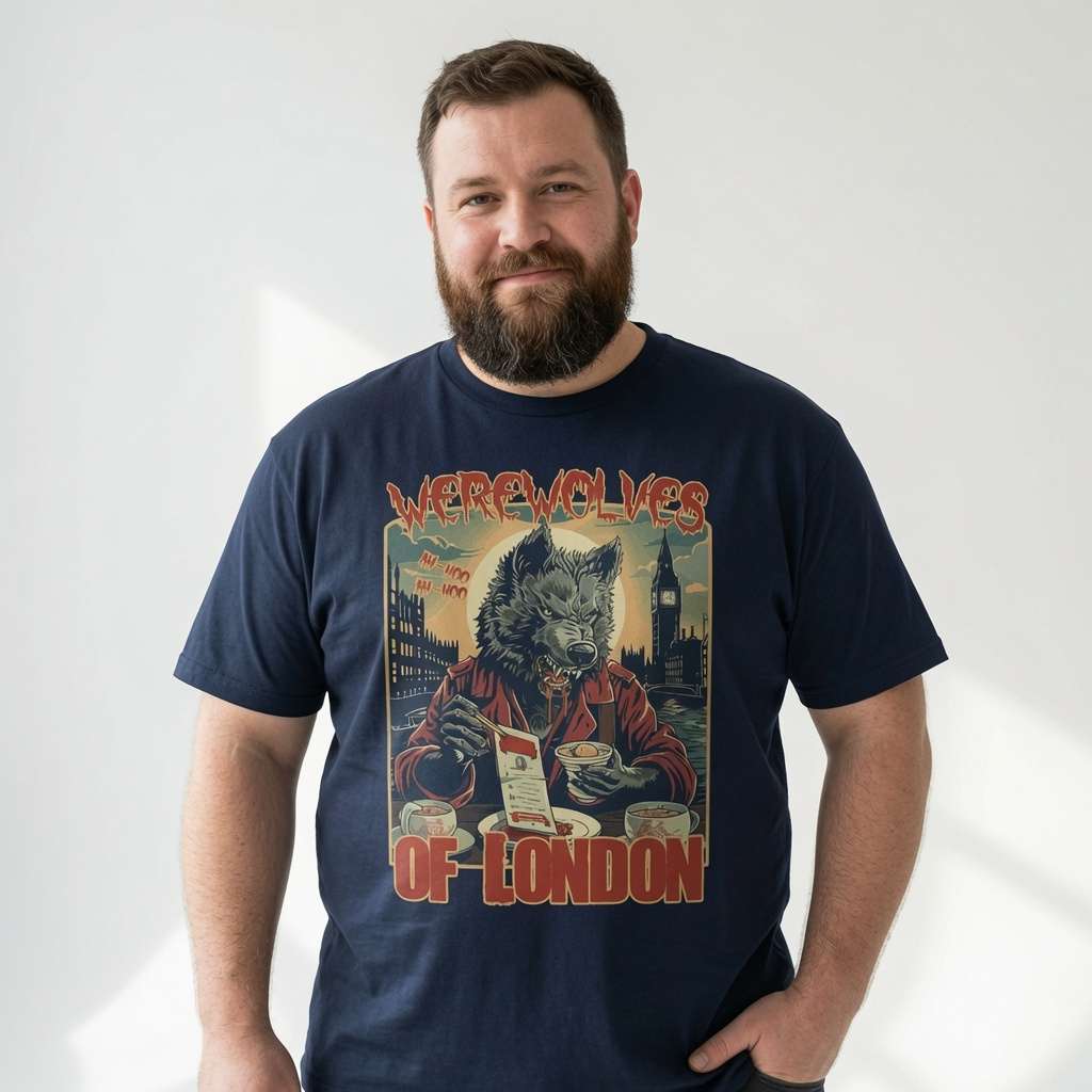 Man smiling with one hand in his pocket in a navy Werewolves of London t-shirt, horror werewolf design full of pure attitude