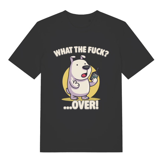Black What The Fuck Over men’s funny graphic t-shirt featuring witty rude pup print  