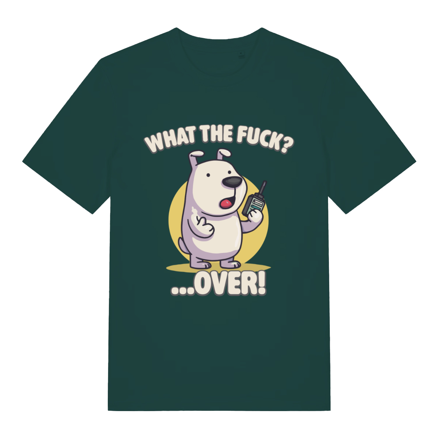 Green What The Fuck Over men’s funny graphic t-shirt with bold phonetic dog design  