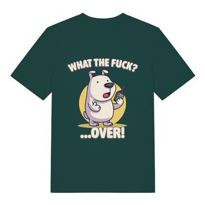 Green What The Fuck Over men’s funny graphic t-shirt with bold phonetic dog design  