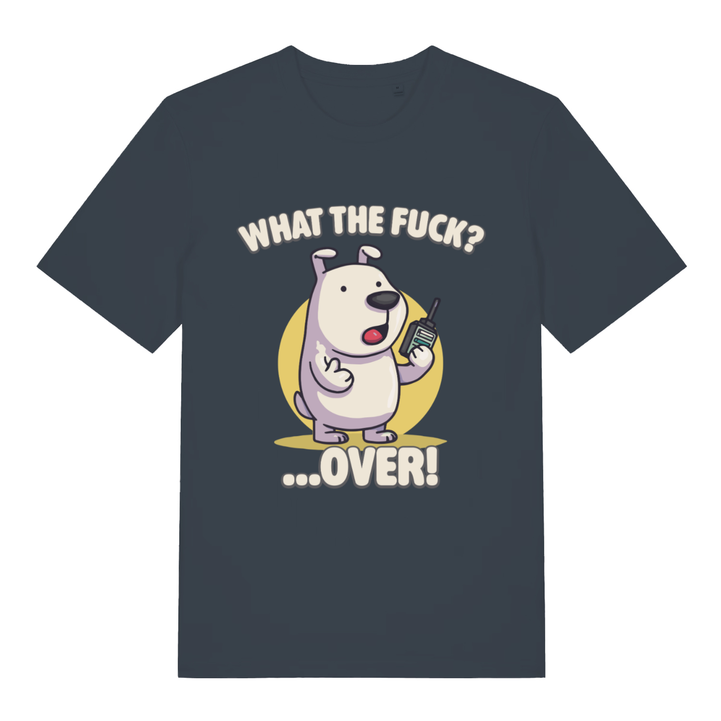 Ink grey What The Fuck Over men’s funny graphic t-shirt showing cheeky cartoon puppy print  