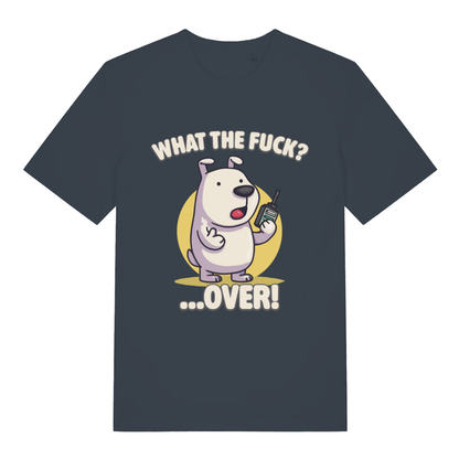 Ink grey What The Fuck Over men’s funny graphic t-shirt showing cheeky cartoon puppy print  