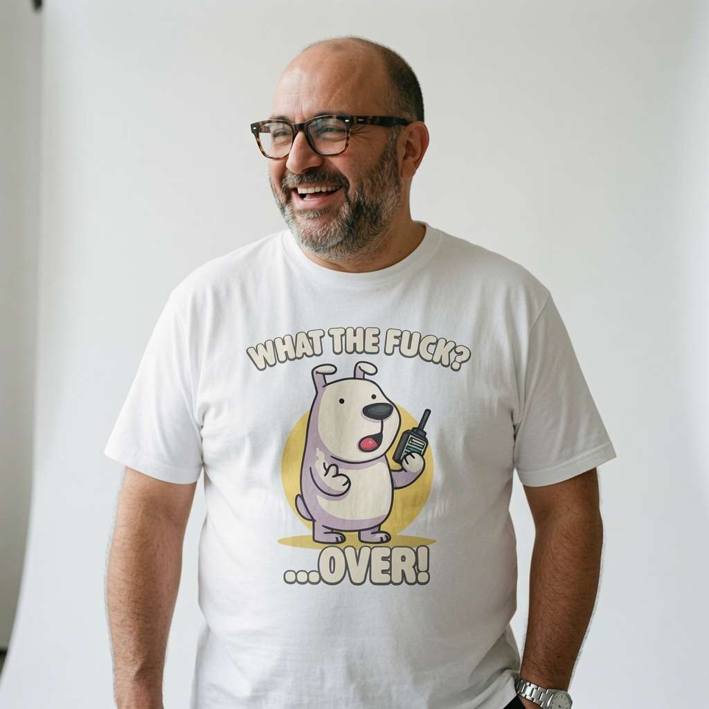 Man laughing with one hand in his pocket in a white What the Fuck? …Over! t-shirt, cute rude phonetic puppy mens shirt that every cheeky lad will claim