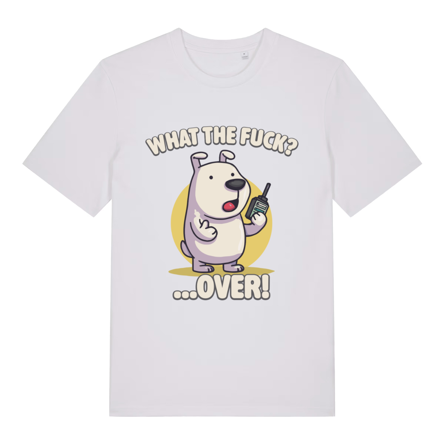 White What The Fuck Over men’s funny graphic t-shirt featuring ultimate cartoon dog print  