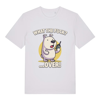 White What The Fuck Over men’s funny graphic t-shirt featuring ultimate cartoon dog print  