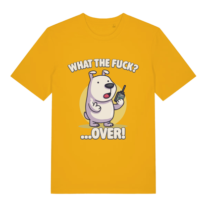Yellow What The Fuck Over men’s funny graphic t-shirt with classic what the fuck over design  