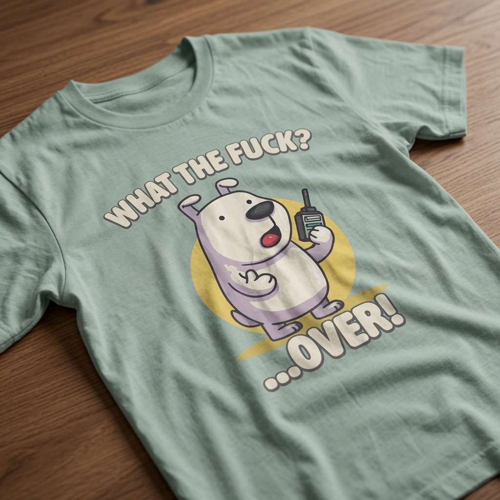Aloe What the Fuck? …Over! t-shirt laid flat on a wooden surface showing the full cartoon dog graphic, cheeky phonetic alphabet pup ladies design full of pure attitude