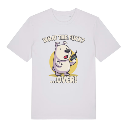 White What The Fuck Over women’s funny graphic t-shirt featuring witty rude pup print  